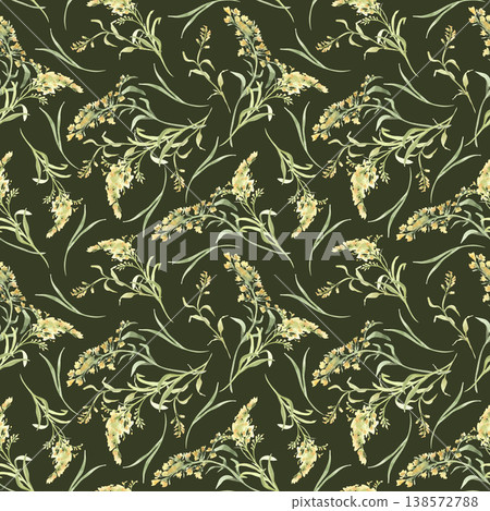 Yellow wildflower soft watercolor seamless pattern isolated on dark. Gentle meadow grasses pastel colors repeat design cottagecore style. Nature floral print for fabric paper textile design. Yellow wildflower soft watercolor seamless pattern isolated on dark. Gentle meadow grasses pastel colors repeat design cottagecore style. Nature floral print for fabric paper textile design. 138572788