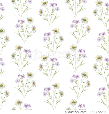 Seamless pattern of watercolor wildflowers isolated on white. Delicate flowers and grass repeating background for textile, fabric design, and nursery decor. Soft botanical repeat with daisy painted. Seamless pattern of watercolor wildflowers isolated on white. Delicate flowers and grass repeating background for textile, fabric design, and nursery decor. Soft botanical repeat with daisy painted. 138572795