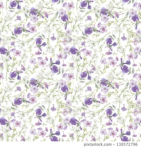 Watercolor wildflowers seamless pattern with little soft meadow grasses isolated white. Botanical spring repeat design pastel colors for textile rustic style. Delicate flowers graphic hand drawn. Watercolor wildflowers seamless pattern with little soft meadow grasses isolated white. Botanical spring repeat design pastel colors for textile rustic style. Delicate flowers graphic hand drawn. 138572796