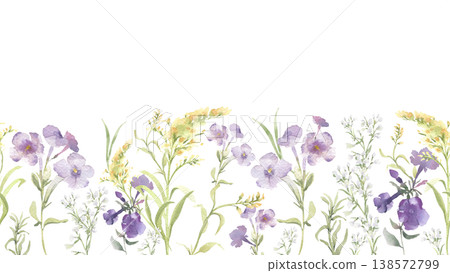 Loose watercolor illustration of purple and yellow wildflowers isolated. Floral botanical seamless border with spring plants soft colors white background. Pattern for stationary and invitation card. 138572799