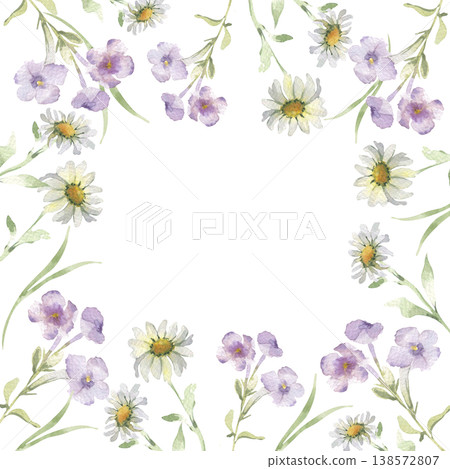 Watercolor frame with white daisy and purple meadow flowers isolated. Botanical illustration hand painted for wedding invitation empty space. Soft meadow blooms template card with place for text. Watercolor frame with white daisy and purple meadow flowers isolated. Botanical illustration hand painted for wedding invitation empty space. Soft meadow blooms template card with place for text. 138572807