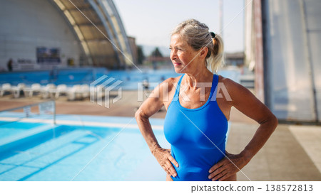 Senior woman getting ready for swim. Senior woman getting ready for swim. 138572813