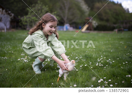 Child gently holding baby chicken, playing in garden during spring. 138572901