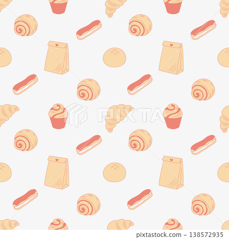 Bakery seamless pattern with hand drawn croissants and eclairs vector illustration. Bakery seamless pattern with hand drawn croissants and eclairs vector illustration. 138572935