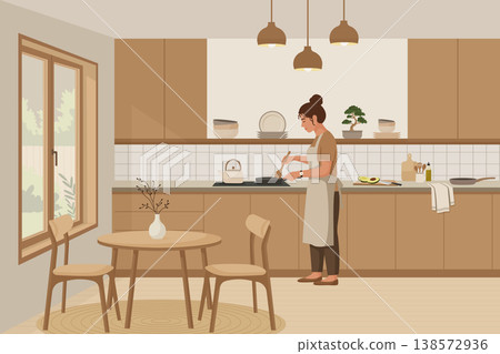 Woman cooking in modern japandi kitchen with dining table vector illustration. Woman cooking in modern japandi kitchen with dining table vector illustration. 138572936