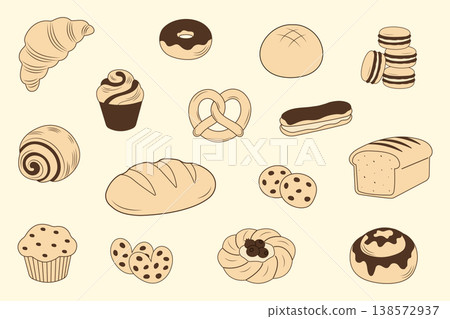 Bakery collection with hand drawn bread and sweet pastry vector illustration. Bakery collection with hand drawn bread and sweet pastry vector illustration. 138572937