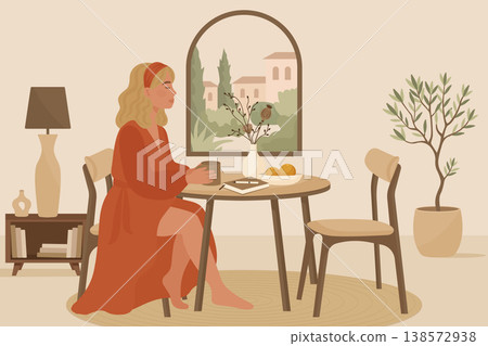 Flat style illustration of woman relaxing with drink in mediterranean room vector. Flat style illustration of woman relaxing with drink in mediterranean room vector. 138572938