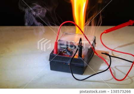 Multimeter with flame smoke and sparks during short circuit and overload Multimeter with flame smoke and sparks during short circuit and overload 138573266