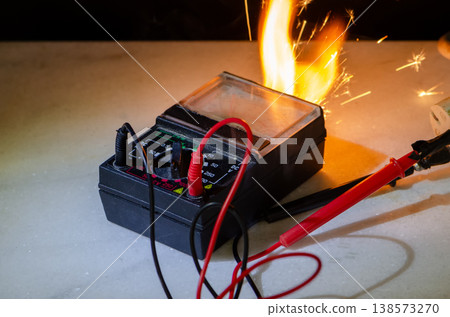 Electrical tester fire with overload short circuit and device destruction Electrical tester fire with overload short circuit and device destruction 138573270
