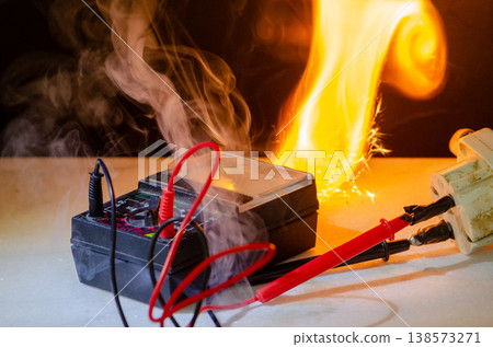 Flame and smoke of multimeter with wires during overload and electrical short circuit Flame and smoke of multimeter with wires during overload and electrical short circuit 138573271