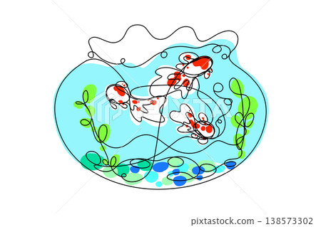 一幅用一筆畫風格的金魚缸和遊動的金魚插圖（PNG格式，透明背景） 138573302