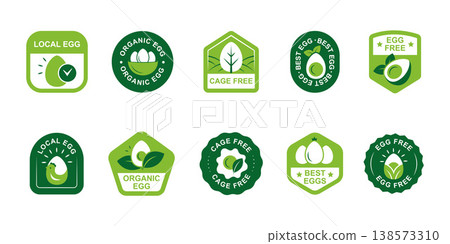 Organic Eggs Logo and Emblem Set in Green Color, Natural Farm Egg Symbols with Leaf Icons, Eco Food Branding Graphics in Various Shapes Organic Eggs Logo and Emblem Set in Green Color, Natural Farm Egg Symbols with Leaf Icons, Eco Food Branding Graphics in Various Shapes 138573310
