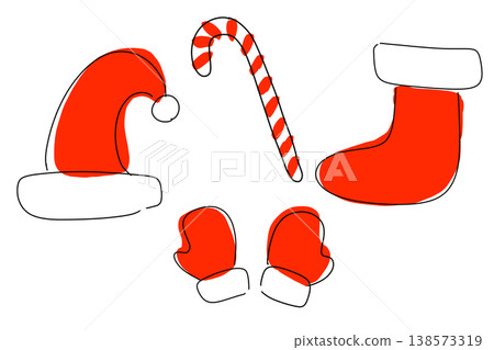 Christmas accessory illustration set: Santa hat, stocking, candy cane, gloves (transparent PNG background) Christmas accessory illustration set: Santa hat, stocking, candy cane, gloves (transparent PNG background) 138573319
