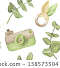 A seamless pattern with green eucalyptus branches and eco-friendly children's toys: a camera, a teether. The watercolor illustration is painted in a botanical style. Suitable for children's textiles 138573504