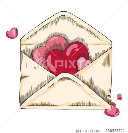 Red pink hearts in envelope letter vector sketch, hand drawn romantic present, Valentine's Day gift, Love mail message Red pink hearts in envelope letter vector sketch, hand drawn romantic present, Valentine's Day gift, Love mail message 138573511