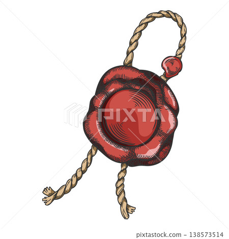 Vintage icon of a red wax seal with a rough cord, hand-drawn watercolor sketch. 138573514