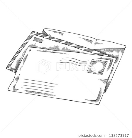 Close envelopes with postage stamp vector engraved hand drawn paper letter envelope sketch, postal mail message Close envelopes with postage stamp vector engraved hand drawn paper letter envelope sketch, postal mail message 138573517