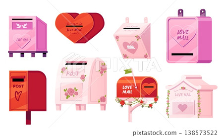 Love mail boxes with heart, roses vector set, pink and red postbox for sending or receiving romantic Valentines letters Love mail boxes with heart, roses vector set, pink and red postbox for sending or receiving romantic Valentines letters 138573522