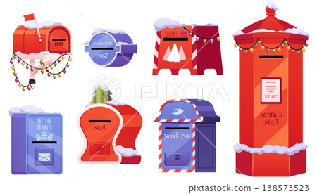 Santa mail red postboxes flat vector icons set, postal box for sending and receiving Christmas mail letters postcards 138573523