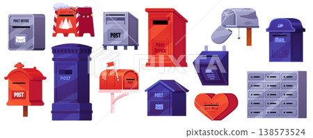 A set of vintage mailboxes of various shapes and colors, for outdoor, indoor, and pole-mounted use. 138573524