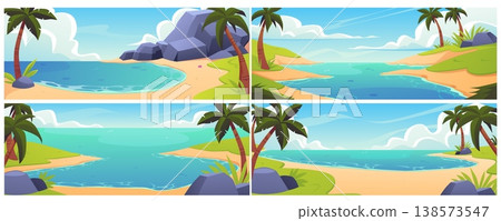 Palm trees in the beach with rocks, sandy shore and blue water, tropical island in ocean, nautical lagoon vector set 138573547