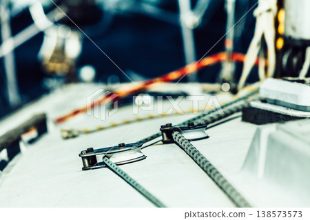 Detailed closeup of rigging on sail boat Detailed closeup of rigging on sail boat 138573573