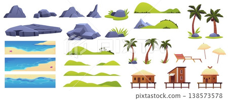 Tropical island beach elements vector set, palm trees, sandy shore, rocky mountains, sea water, bungalow game collection Tropical island beach elements vector set, palm trees, sandy shore, rocky mountains, sea water, bungalow game collection 138573578