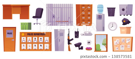 A set of interior items, accessories, and equipment for a police station. 138573581