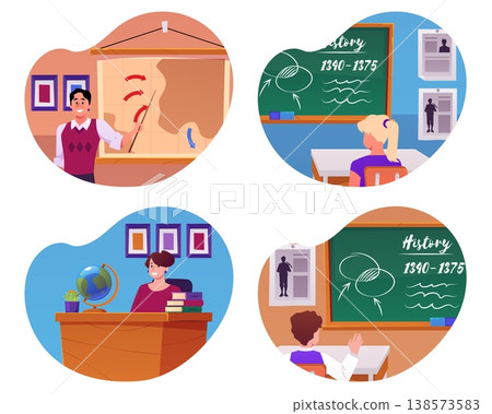 History classroom with teacher and students vector flat illustrations set, historic map, globe, chalkboard, education History classroom with teacher and students vector flat illustrations set, historic map, globe, chalkboard, education 138573583