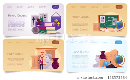 A set of website banners for online history courses, featuring characters, a chalkboard, and books. A set of website banners for online history courses, featuring characters, a chalkboard, and books. 138573584