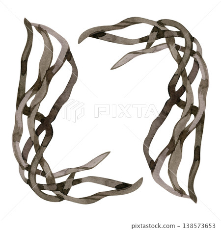 Hand drawn watercolor illustration of intertwined dry tree branches and wooden vines. This realistic forest element features brown bark textures, perfect for rustic decor, mystical art, and botanical 138573653