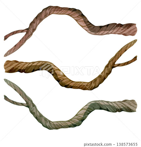 Hand drawn watercolor set of wooden sticks and curved tree branches. Realistic forest elements with brown and mossy textures, perfect for nature themed designs, rustic decor, and botanical art. 138573655
