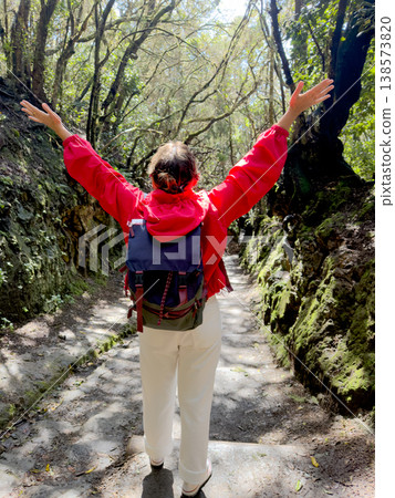Isolated traveler navigates through glowing forest with reflective mood. Lone adventurer moves along sunlit woodland track holding sacred book in contemplative silence Isolated traveler navigates through glowing forest with reflective mood. Lone adventurer moves along sunlit woodland track holding sacred book in contemplative silence 138573820