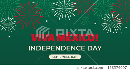Mexico Independence Day banner with fireworks, bold typography and festive patriotic design. Holiday greeting template for September 16 celebration in flat style. Horizontal vector illustration Mexico Independence Day banner with fireworks, bold typography and festive patriotic design. Holiday greeting template for September 16 celebration in flat style. Horizontal vector illustration 138574097