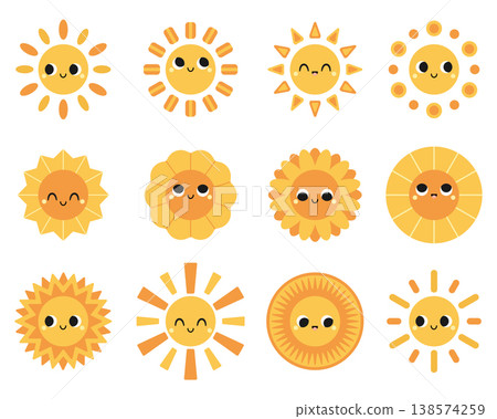 Collection of cute cartoon sun illustrations. Suns in various shapes with different rays and expressions. Flat, childrens characters. Vector illustrations, isolated on a white background Collection of cute cartoon sun illustrations. Suns in various shapes with different rays and expressions. Flat, childrens characters. Vector illustrations, isolated on a white background 138574259