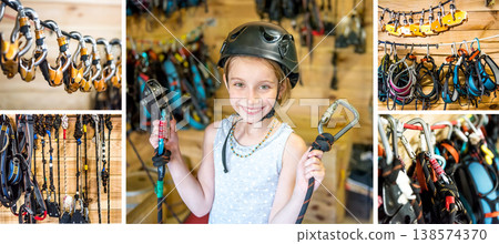 Little fully equiped girl ready for her belay high ropes course, recreative sport, collage 138574370