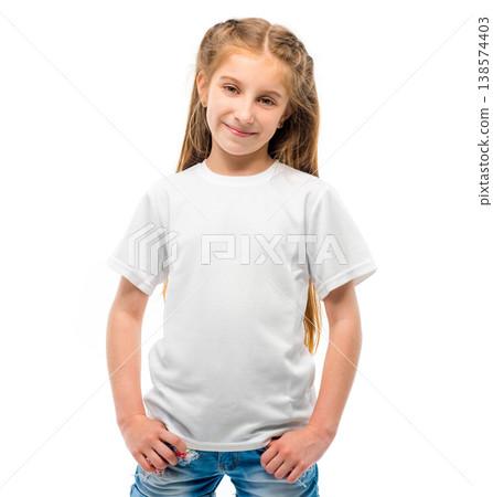 Little girl in white T-shirt for design template on white background. Blank copy space on casual T shirt. Little girl in white T-shirt for design template on white background. Blank copy space on casual T shirt. 138574403
