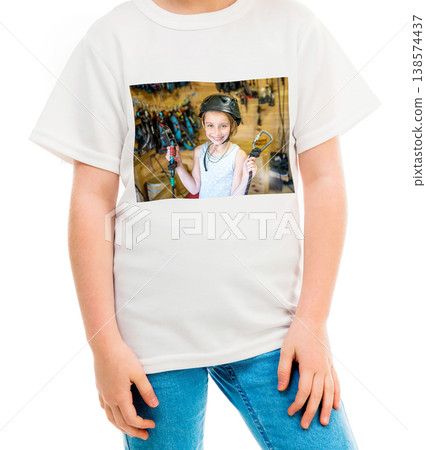 Ordinarty white t-shirt with a colorful print of an equiped for high ropes girl 138574437