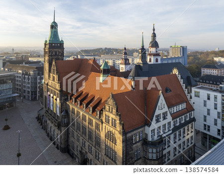 Chemnitz. Germany. Chemnitz city view from ancient clow tower during overcast weather. Chemnitz. Germany. Chemnitz city view from ancient clow tower during overcast weather. 138574584