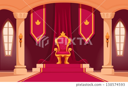 Cartoon throne room interior. Inside medieval royal palace. Red curtains and carpet, chair for king, torches on walls. Big hall in fairy tale castle, sapid vector background Cartoon throne room interior. Inside medieval royal palace. Red curtains and carpet, chair for king, torches on walls. Big hall in fairy tale castle, sapid vector background 138574593