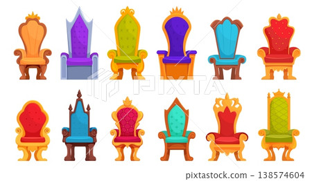 Royal thrones. Queen king throne different style. Ancient style chairs for monarch, medieval ceremonial hall interior furniture. Royalty palace or castle sapid vector objects Royal thrones. Queen king throne different style. Ancient style chairs for monarch, medieval ceremonial hall interior furniture. Royalty palace or castle sapid vector objects 138574604