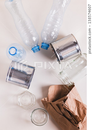 Zero waste concept, different types of waste for sorting on a table top and vertical view 138574607