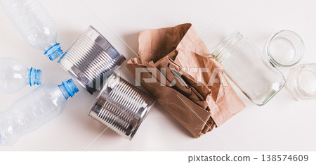 Zero waste concept, different types of waste for sorting on a table top view web banner 138574609