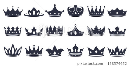Crown black icons. Crowns, diadems and tiaras silhouettes. Royal monarchy symbols for emblem, invitation, print, postcards. Decorative sapid vector elements 138574652