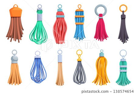 Leather tassels set. Fringe keyring, macrame element for bag, keys, purse. Colorful threads tassel, handmade charms. Fashion accessories sapid vector clipart Leather tassels set. Fringe keyring, macrame element for bag, keys, purse. Colorful threads tassel, handmade charms. Fashion accessories sapid vector clipart 138574654