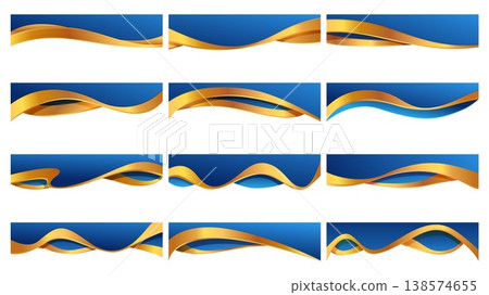 Wave headers set. Blue gold waving banners for presentation, posters, corner and header. Curve lined design elements, decorative shapes, sapid vector clipart Wave headers set. Blue gold waving banners for presentation, posters, corner and header. Curve lined design elements, decorative shapes, sapid vector clipart 138574655