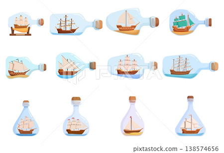 Vintage decorative ships in bottles. Ancient sailing boats in glass bottle. Nautical home decoration element, interior accessories, sapid vector clipart Vintage decorative ships in bottles. Ancient sailing boats in glass bottle. Nautical home decoration element, interior accessories, sapid vector clipart 138574656
