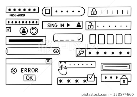 Doodle verification and security. Various interface bars for input password or personal code. Banking, identification on website panels, neoteric vector clipart 138574660