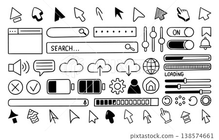Doodle user interface. Black arrow pointers, upload, loading spinners, searching bar. Battery charge icon, voice assistant, equalizer and password input panel, neoteric vector set 138574661