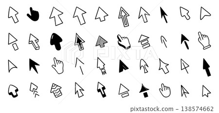 Doodle arrow cursor. Interface navigation symbols, black arrow and hands like click or pointer. Digital selection elements, hand drawn computer screen tools, neoteric vector design 138574662